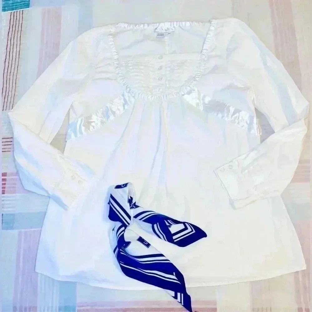 💥🏵️ Victorian style 97% Cotton Shirt  (pure white)& White and Blue neckerchief